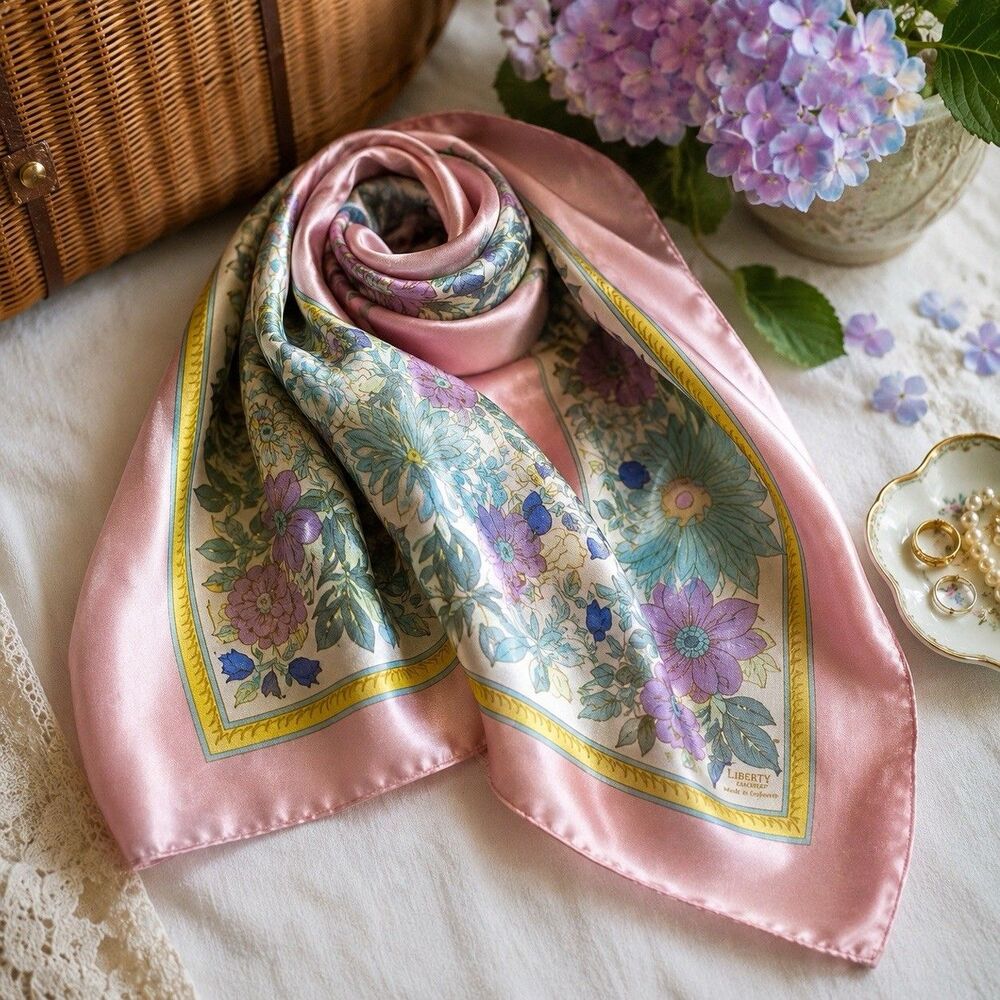 Vintage Liberty of London Pink Floral Print Silk Scarf Made in England 80’s